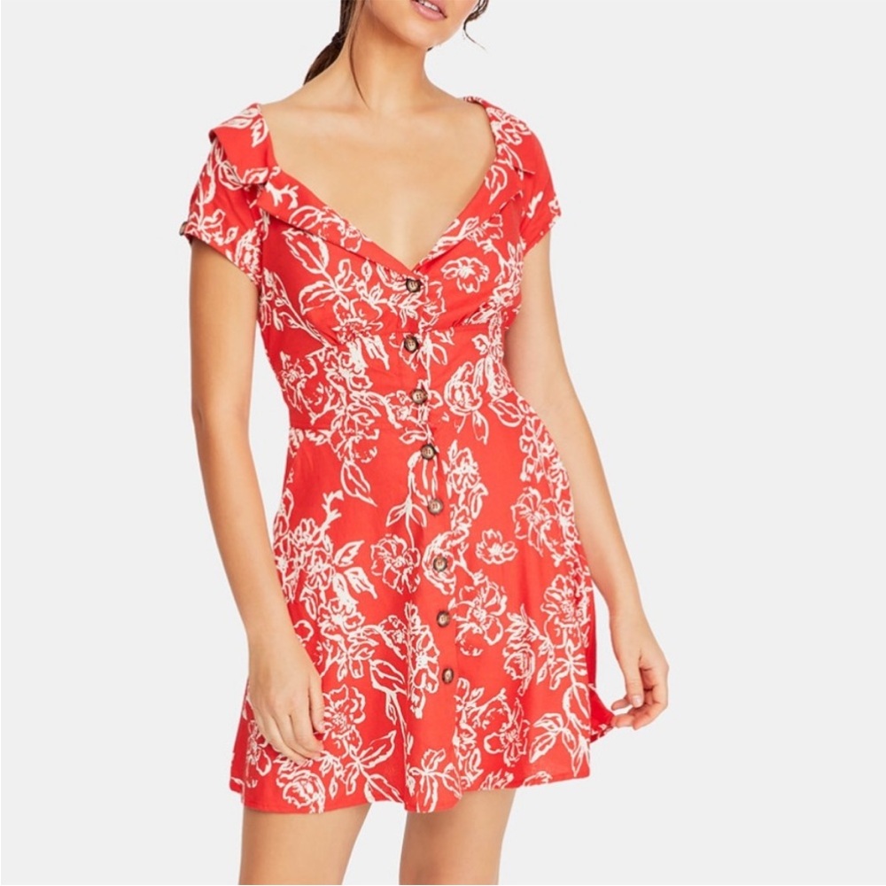 Free People Red and White Linen Blend Dress Size 6